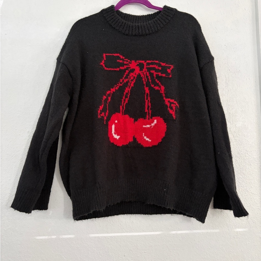 Wild Fable Black soft fuzzy aweater with Red Cherry drop design size large